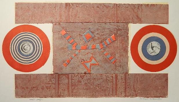 Michael Rothenstein linocut with relief: Michael Rothenstein (British 1908-1993)- ''Red, Blue and Brown'' (Sidey 155)- linocut with relief in colors, 1965, signed and annotated 'Artist's Proof' in pencil, minor handling creases in margins ot