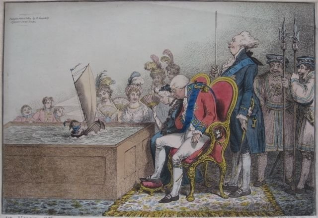 James Gilray engraving: James Gilray- ''The King of Brobdingnag and Gulliver...''- engraving with hand-coloring. 13 1/2 x 18''