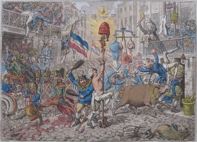 James Gilray engraving: James Gilray- ''Promised Horrors of The French Invasion ... Peace''- engraving with hand-coloring. 11 1/2 x 16 1/2''