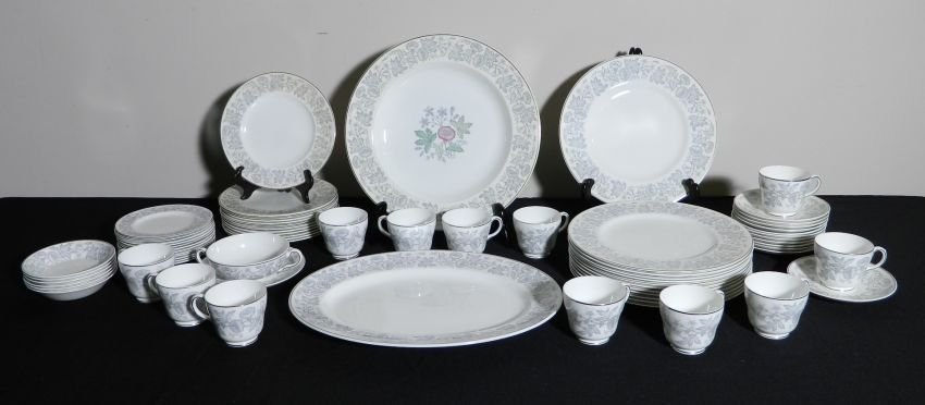 Set of Wedgwood 'Wild Flower' dinnerware: Set of Wedgwood 'Wild Flower' dinnerware- includes 12 dinner plates; round serving plate; oval platter; 12 cups and saucers; 6 small low bowls; 12 salad plates; 12 bread and butter plates; and 1 cream