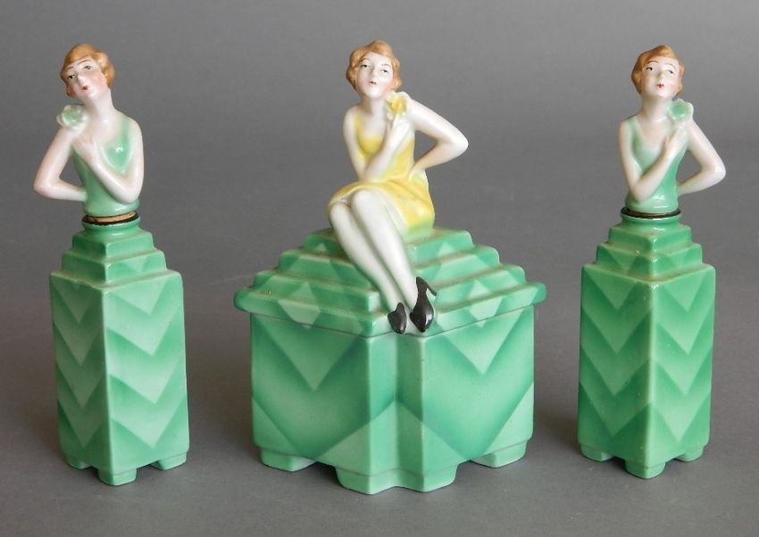 3 Piece Art Deco Bavarian porcelain perfume set: 3 Piece Art Deco Bavarian porcelain perfume set, 2 perfumes and a covered box. 6''h