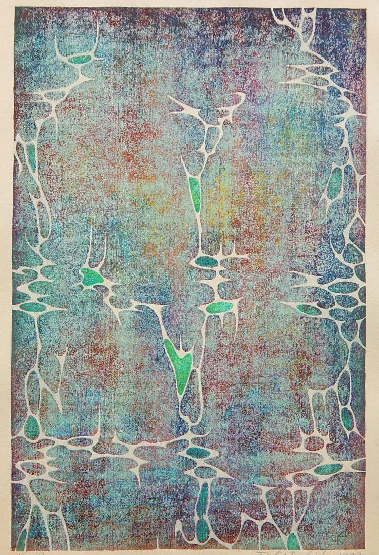 Toshi Yoshida woodblock in colors: Toshi Yoshida- ''Opus No. 9''- woodblock in colors, 1952, signed and titled in pencil, very good condition. 14 1/2 x 9 1/2''