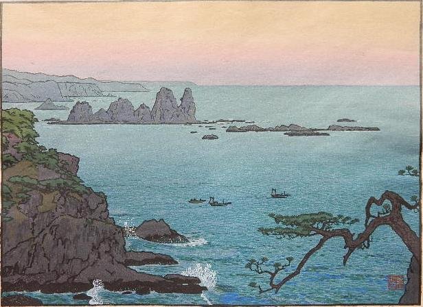 Toshi Yoshida woodblock: Toshi Yoshida- ''Irozaki, Morning''- woodblock in colors, signed and titled in pencil, some staining in margins, otherwise good condition. 9 5/8 x 13 1/4''