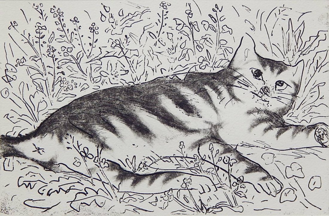 Mayumi Oda etching: Mayumi Oda- ''Tabby in The Garden''- etching, signed and numbered 9/30 in pencil, very good condition. 5 5/8 x 8 3/4''