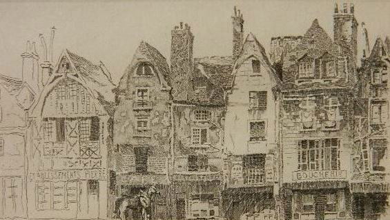 John Taylor Arms etching: John Taylor Arms- ''Place Plumereau Tours'' (Fletcher 160)- etching, 1925, signed, dated and titled in pencil, Miniature Series no. 11, slight mat toning, edges age toned, otherwise very good conditio