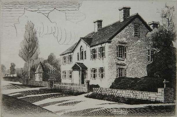 John Taylor Arms etching: John Taylor Arms- ''Old Hoadley House'' (Fletcher 360)- etching, 1941, signed and annotated in pencil ''Sketch Old Hoadley House, home of 'PNN', Bethany Conn. Impression from demonstration plats [?] d