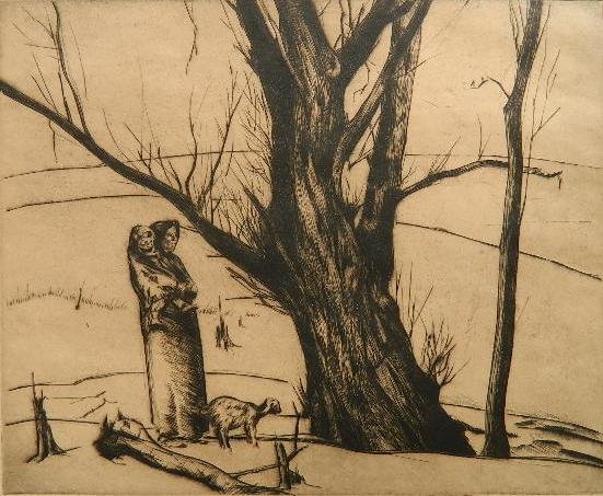 John E. Costigan drypoint: John E. Costigan- ''The Willow Tree''- drypoint, 1930, signed in pencil, edition of 50, age toned, tape remnants, some minor abrasions on sheet corners otherwise good condition.