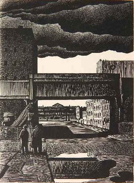John De Pol wood engraving: John De Pol- ''Twelfth Street - Manhattan''- wood engraving, 1951, signed, titled and dated in pencil, good condition. 5 1/2 x 4''