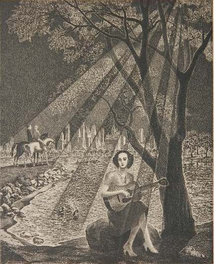 Ralph Fabri drypoint: Ralph Fabri- ''Guitar In The Park''- drypoint, c. 1940, signed, titled and numbered 2/50 in pencil, very minor smudges in margins. 10 x 8 1/8''