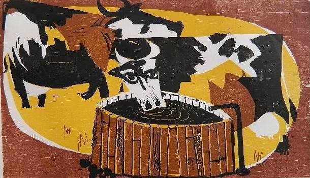 Antonio Frasconi woodcut: Antonio Frasconi- Summer Pasture- woodcut in colors, 1955, signed and titled in pencil, very good condition. 7 1/2 x 12 7/8''