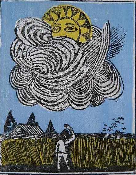 Antonio Frasconi woodcut: Antonio Frasconi- ''Overcast''- woodcut in colors, 1969, signed, dated, titled and numbered 14/50 in pencil, very good condition. 6 x 4 3/4''