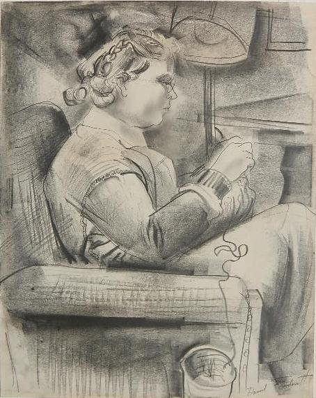 David Fredenthal graphite: David Fredenthal- Woman Knitting- graphite on paper, ca. 1940, signed David Fredenthal lower right, slightly light struck. 14 1/4 x 11 1/4''