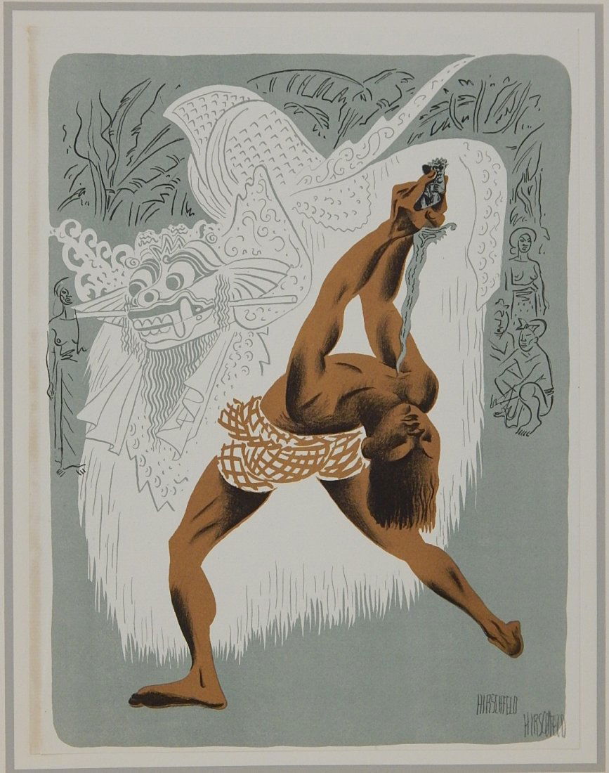 Al Hirschfeld lithograph: Al Hirschfeld- ''Kris Dancer, Bali''- lithograph in colors, 1941, signed in pencil, from the book ''Harlem as Seen By Hirschfeld'', very good condition. 12 x 9 1/4''