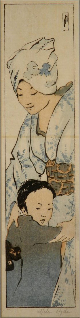 Helen Hyde woodblock: Helen Hyde- ''Mother and Child'' (Mason 41)- woodblock in colors, 1901, signed in pencil, edition of 150, very good condition. 17 x 3 7/8''