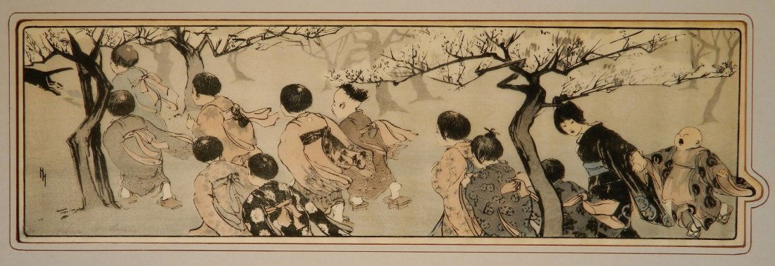 Helen Hyde woodblock: Helen Hyde- ''The Chase'' (Mason 50)- woodblock in colors, 1903, signed in pencil in the image, edition of 150. 6 x 19 3/4''