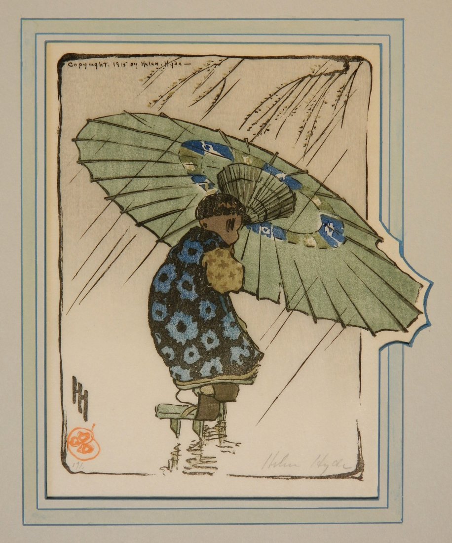 Helen Hyde woodblock: Helen Hyde- ''The Family Umbrella'' (Mason 125)- woodblock in colors, 1915, signed in pencil. 7 1/8 x 6 1/8''
