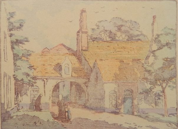 Jane Berry Judson wwodcut in colors: Jane Berry Judson- ''Gateway to Bequinage Bruges''- woodcut in colors, ca. 1940, signed, titled and numbered 21/100 in pencil, very good condition. 5 7/8 x 7 7/8''