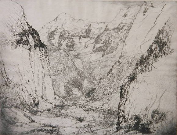 Donald Shaw Mac Laughlan etching: Donald Shaw Mac Laughlan- ''Lauterbrunnen''- etching, 1908, signed in pencil, foxing in margins, goes slightly into image. 10 3/4 x 14''