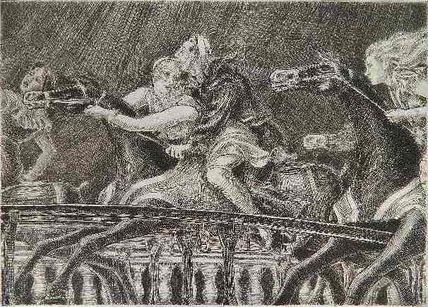 Reginald Marsh etching: Reginald Marsh- Steeple Chase'' (Sasowsky 138)- etching and engraving, 1932, numbered 68/100 in pencil, as published by the Whitney Museum in 1969, very good condition. 8 x 11''