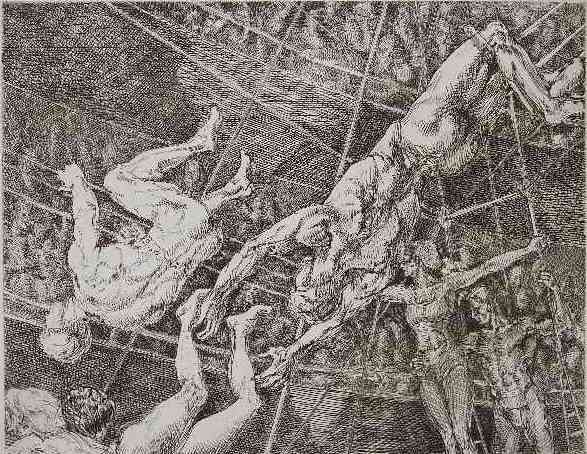 Reginald Marsh etching: Reginald Marsh- ''Flying Concellos'' (Sasowsky 163)- etching and engraving, 1936, numbered 68/100 in pencil, as published by the Whitney Museum in 1969, very good condition. 8 x 10''