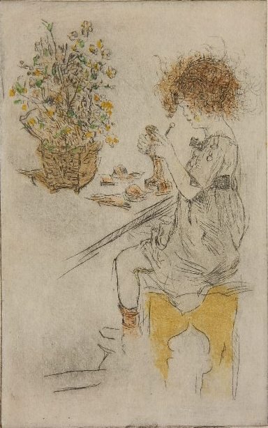 Jerome Myers etching in colors: Jerome Myers- ''Virginia Modeling''- etching in colors, ca. 1920, signed and numbered 39/50 in pencil, slightly light struck otherwise very good condition. 8 x 5''