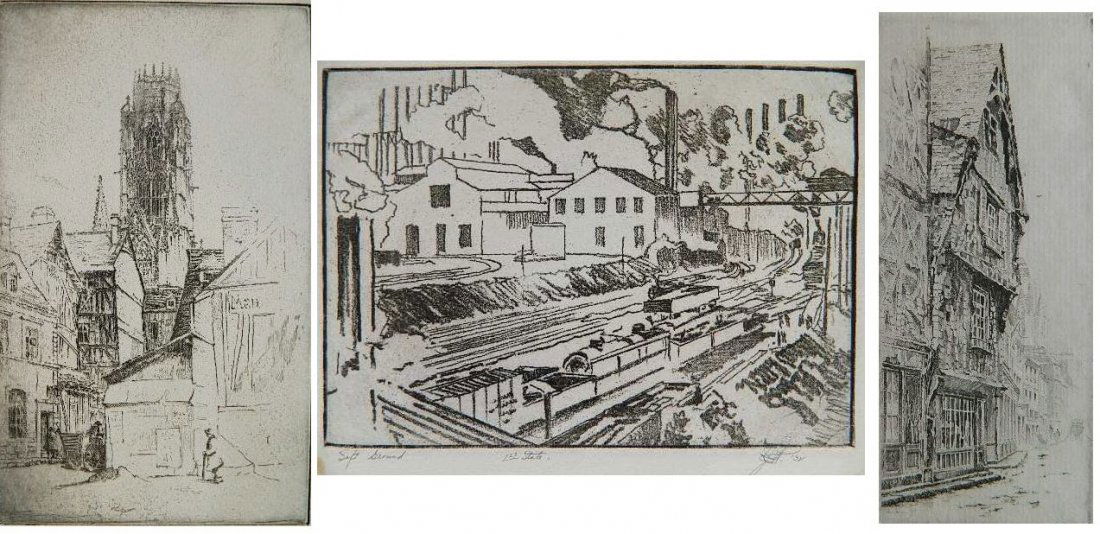 3 Etchings - J. Pennell; J. T. Arms: Joseph Pennell- Industrial Scene; ''The Crown of Normandy, France''; John Taylor Arms- Rouen, France- 3 etchings, 1932 (2), 1922, all signed and dated in pencil, 'Industrial Scene' also inscribed 'sof