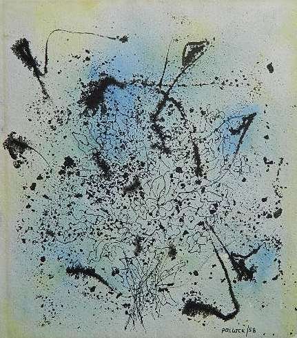 Jack H. Pollock watercolor: Jack H. Pollock- Floral in Abstract Style- watercolor and pen and ink on paper, 1958, signed and dated 'Pollock / 58' lower right, slight mat burn and tape remnants around edges verso, otherwise good 