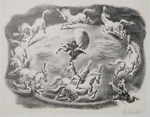 Georges Schreiber lithograph: Georges Schreiber- Circular Motion- lithograph, c. 1949, signed in pencil, AAA edition of 250, slightly light struck, mat toning and several minor foxing verso, otherwise good condition. 13 1/2 x 1 1/