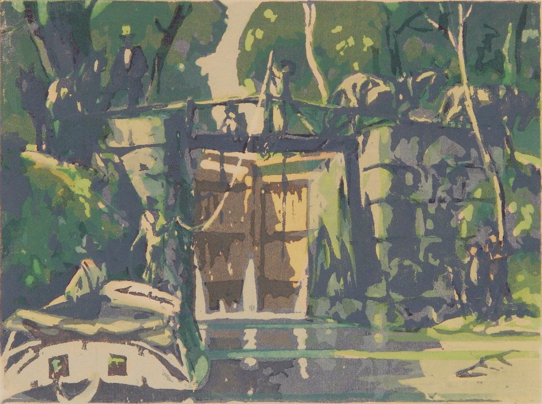 Frank Wilcox silkscreen: Frank Wilcox- The Lock- silkscreen in colors, signed and numbred 5/50 in pencil, note tear on verso does not go through paper. 8 x 11''