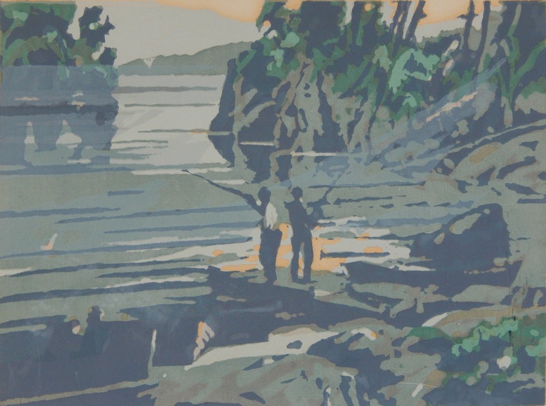 Frank Wilcox silkscreen: Frank Wilcox- Along the Canal- silkscreen in colors, signed and numbered 37/50 in pencil, tape stains and minor loss verso. 8 x 11''