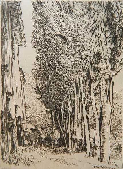 Muirhead Bone etching: Muirhead Bone- ''Tuscan Farms''- etching, signed in pencil, slightly light struck, mat toned verso, otherwise good condition. 5 1/2 x 4''