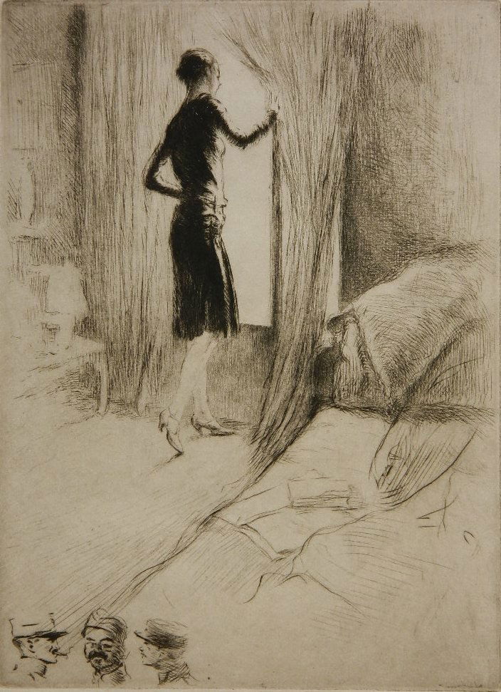Edgar Chahine etching: Edgar Chahine- ''L'Attente'' (Plate for Mistou)- etching with drypoint, edition of 226, 10 on japon paper with remarque, 1810-14, good condition. 8 5/8 x 6 1/4''