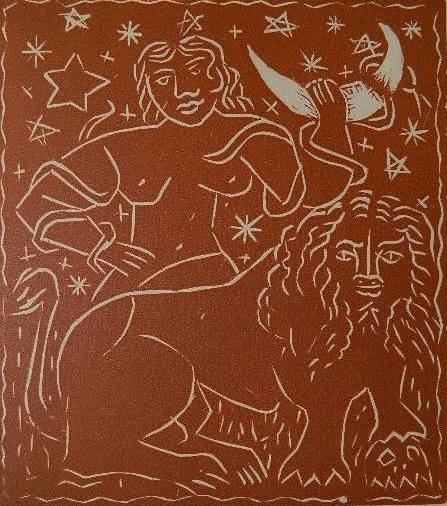 Andre Derain woodcut: Andre Derain- Zodiac- woodcut, stamped signature, as published by Collector's Guild, good condition. 7 1/4 x 6 1/4''