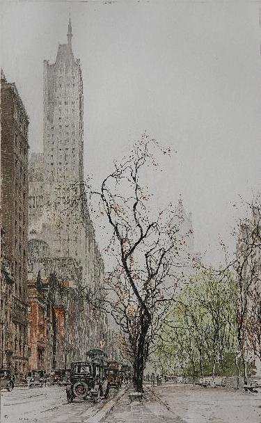 Luigi Kasimir etching in colors: Luigi Kasimir- ''New York, Minaret''- etching in colors, 1927, signed in pencil by the son, very good condition. 17 x 10 1/2''