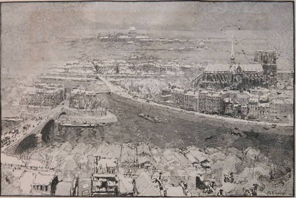 Auguste Louis Lepere wood engraving: Auguste Louis Lepere- ''Paris Sous La Neige, Vu Du Hear de St. Gervais''- wood engraving, 1890, signed in pencil, some staining in image. 12 x 18''