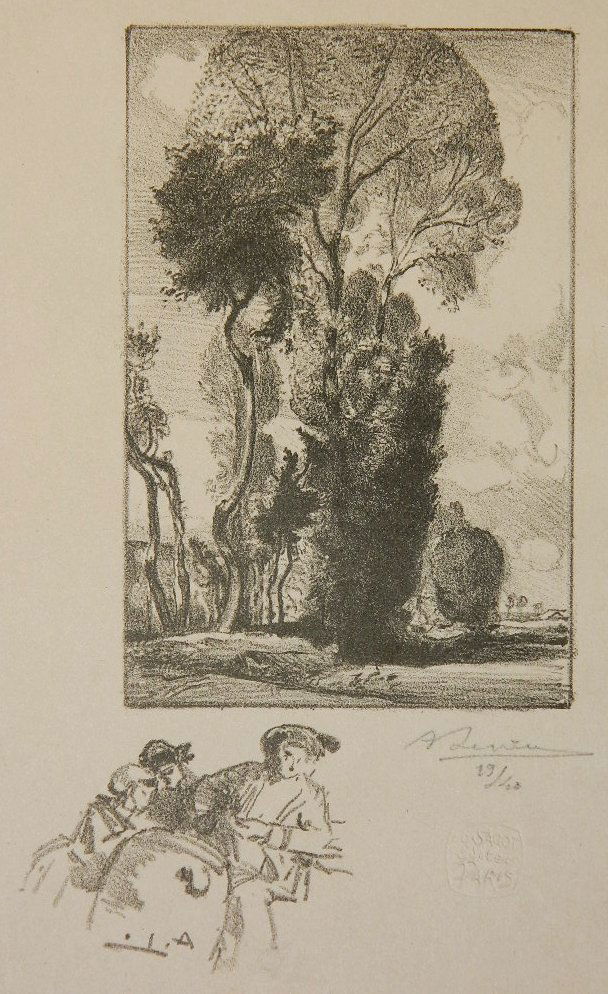 Auguste Louis Lepere lithograph: Auguste Lepere- Forest Scene- lithograph, signed and numbered 29/40 in pencil, embossed stamp of Edmond Sago, paris, very good condition. 4 3/8 x 2 7/8''