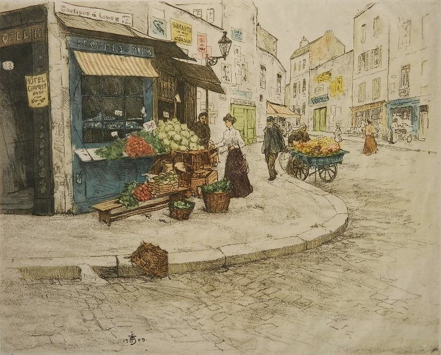 Tavik F. Simon soft ground etching and aquatint: Tavik F. Simon- ''Fresh Fruit and Flower Market'' (Baker 44)(Novak 114)- soft ground etching and aquatint in colors, 1909, signed in pencil, edition of 150, staining in margins, otherwise good conditi