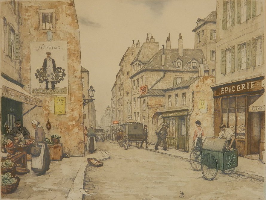 Tavik F. Simon color softground and aquatint: Tavik F. Simon- ''Grocer, Paris'' (Baker 268)- color softground and aquatint in colors, signed in pencil, numbered 292, edition of 350, mat burn, otherwise good condition. 11 7/8 x 15 1/2''