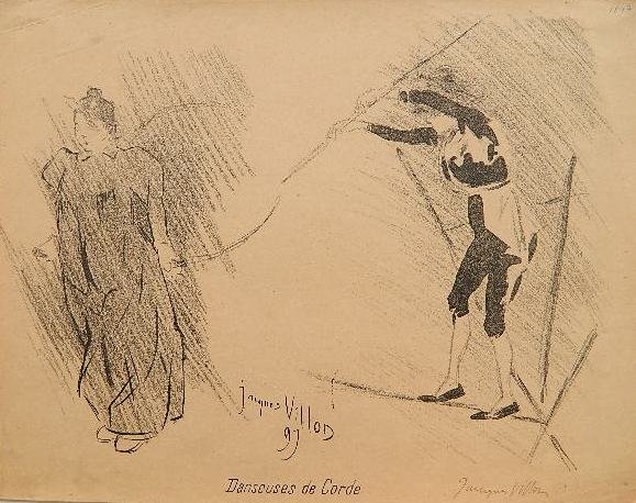 Jacques Villon lithograph: Jacques Villon- ''Danseuses de Corde'' (Ginestet & Pouillon E12)- lithograph, 1897, signed in pencil, published as a supplement to ''Nouvelle Revue Parisien'', good condition. 9 3/4 x 12 3/8''