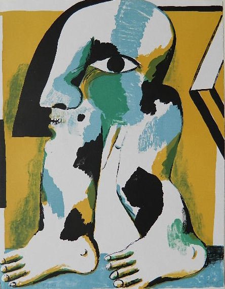 Horst Antes lithograph: Horst Antes- ''Figur Mit Schwarger Koppe''- lithograph in colors, signed and numbered 53/100 in pencil, very good condition. 20 1/2 x 16''