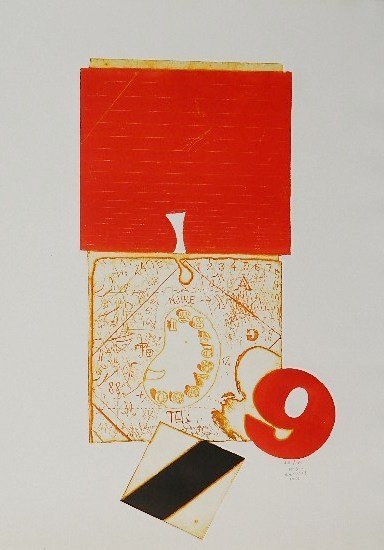 Janez Bernik etching: Janez Bernik- ''No. 9''- etching in colors, 1968, signed, dated, titled and numbered 28/100 in pencil, very good condition. 18 1/2 x 10''