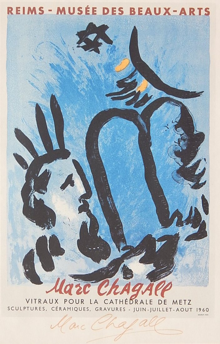 after Marc Chagall poster: after Marc Chagall- ''Moses, Paris''- off-set lithograph, bears a signature of Marc Chagall, as removed from a book 10 1/2 x 7''