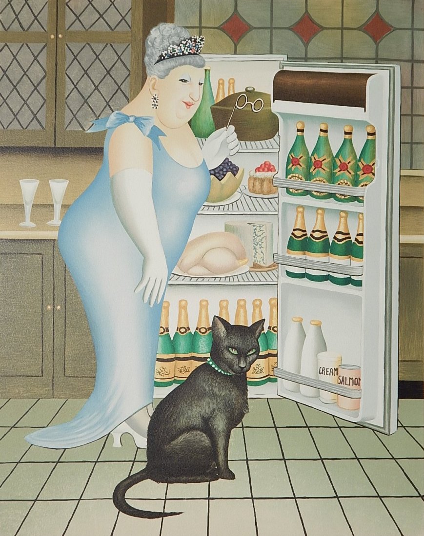 Beryl Cook lithograph: Beryl Cook- ''Percy at The Fridge''- lithograph in colors, signed and numbered 197/300 in pencil, good condition. 21 1/4 x 16 7/8''