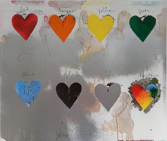 Jim Dine lithograph: Jim Dine- ''Eight Hearts''- lithograph in colors, 1970, laid down. 25 x 30''