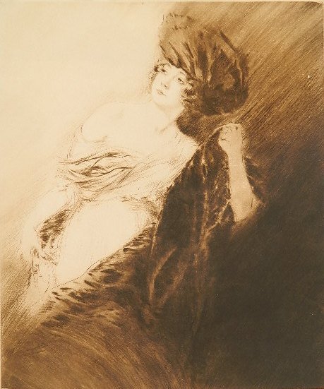 Adrian Etienne Drian drypoint: Adrian Etienne Drian- Seated Woman in Shawl- drypoint in colors, ca. 1920, signed in pencil, very good condition.