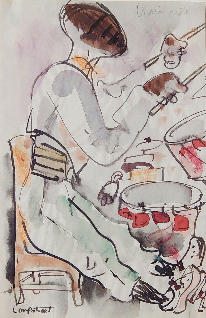 Stephen Longstreet watercolor: Stephen Longstreet- ''Train Ride''- watercolor on paper, signed Longstreet lower left, very good condition. 11 x 8 1/2''