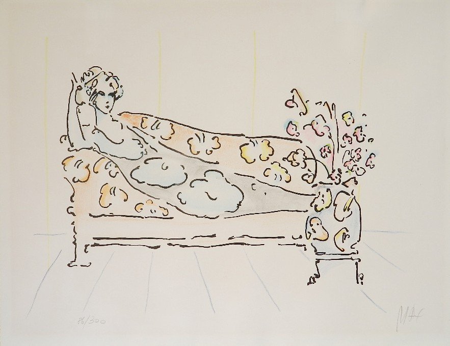 Peter Max lithograph: Peter Max- Woman on Sofa- lithograph in colors, signed and numbered 86/300 in pencil. 18 x 24''