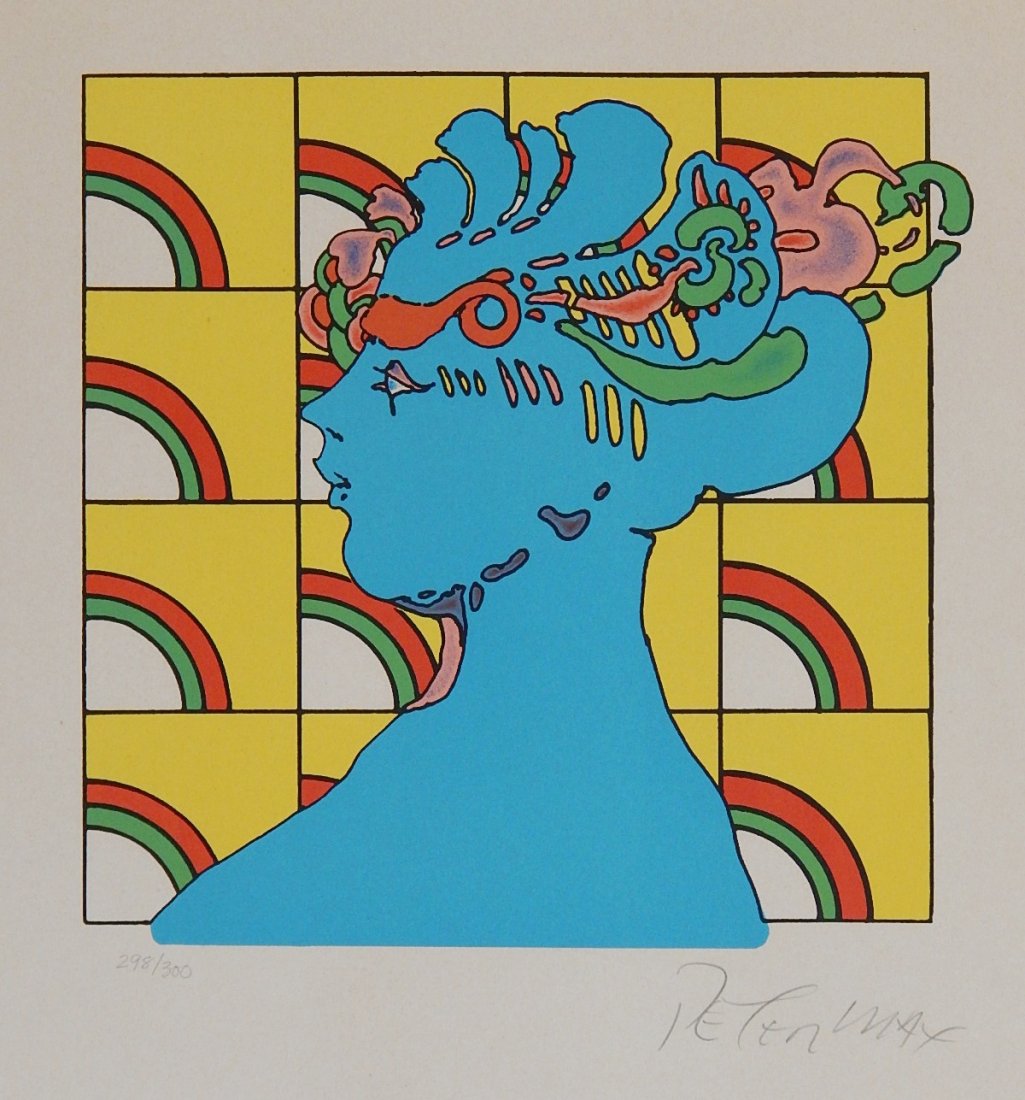 Peter Max lithograph in colors: Peter Max- Profile of a Woman- silkscreen in colors, signed and numbered 298/300 in pencil, paper age toned. 9 1/2 x 9''