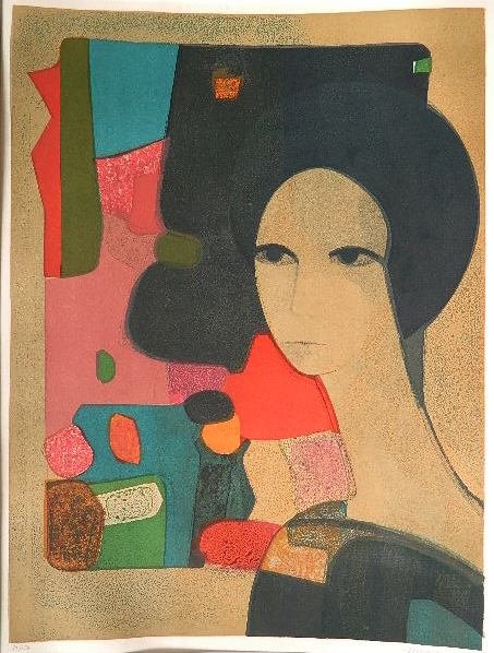 Andre Minaux lithograph: Andre Minaux- ''Avignonnaise'' (Sorlier 188 ii/III)- lithograph in colors, signed and numbered 59/150 in pencil, foxing throughout margins, top and bottom margin taped to bottom mat. 27 1/2 x 20 1/2''