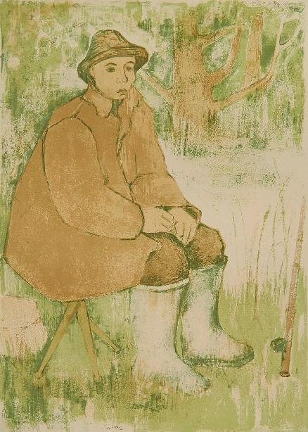 Andre Minaux lithograph: Andre Minaux- ''Le Pecheur'' (Sorlier 53)- lithograph in colors, 1952, signed in pencil, edition of 120. 17 5/16 x 12 5/8''